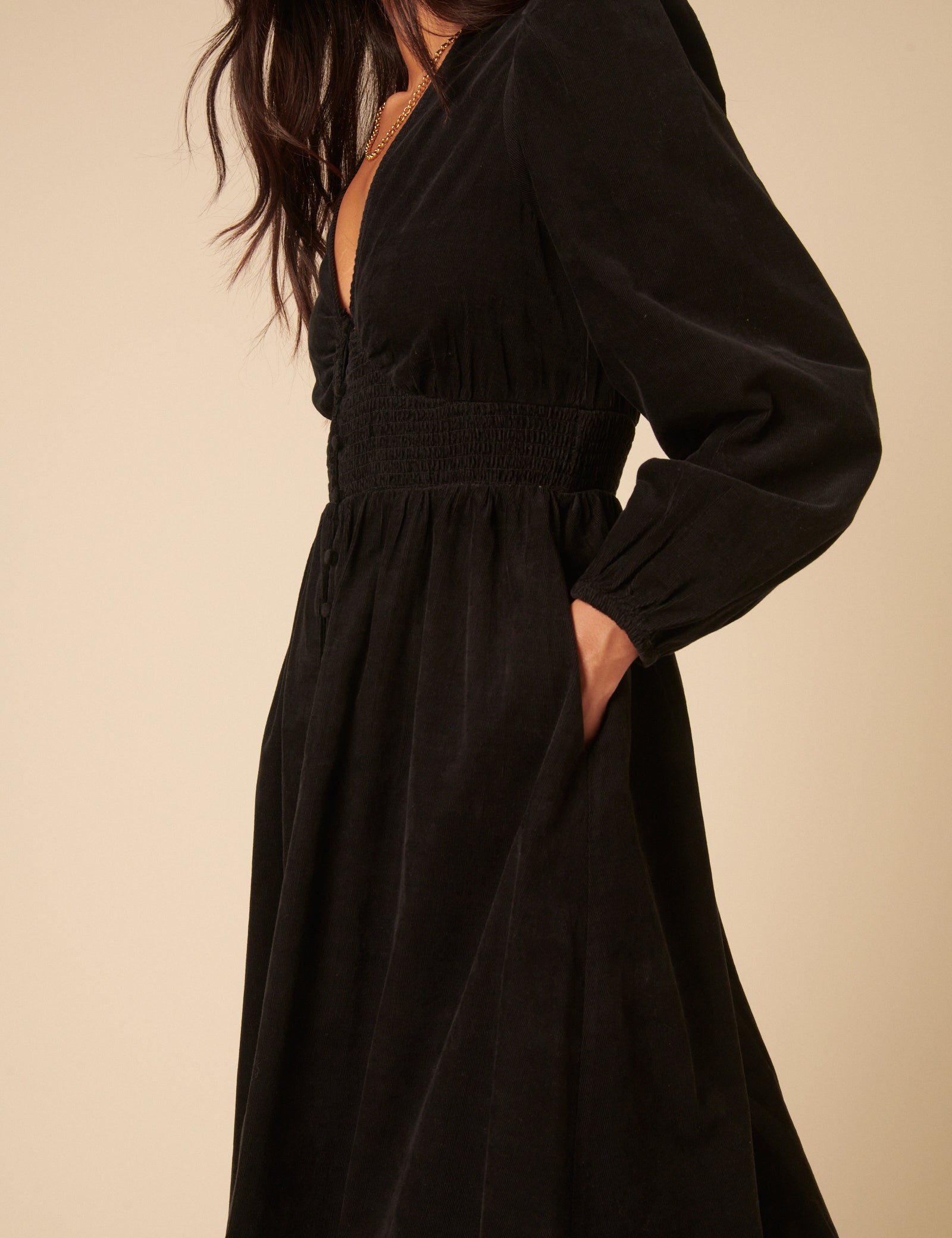 Black Cord Long Sleeve Riley Midi Dress
