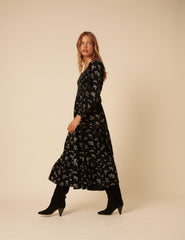 Black Floral Embroidered Cord Ruby Midi Dress