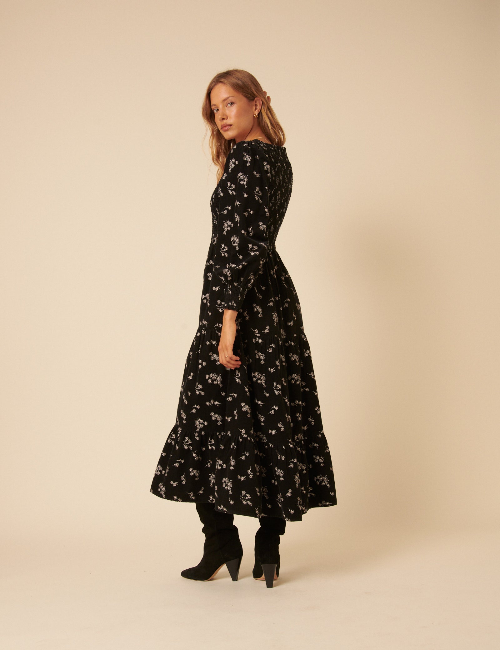 Black Floral Embroidered Cord Ruby Midi Dress