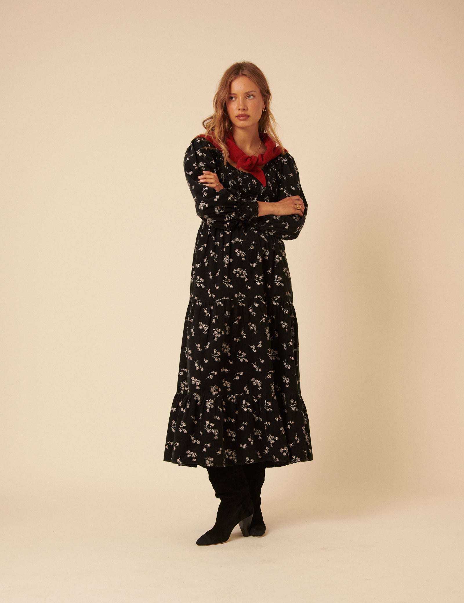 Black Floral Embroidered Cord Ruby Midi Dress