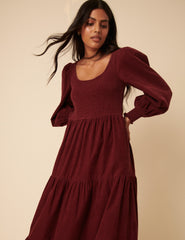 Burgundy Cord Tiered Ruby Midi Dress