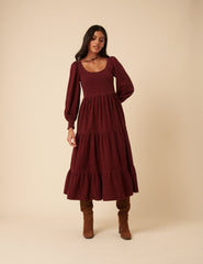 Burgundy Cord Tiered Ruby Midi Dress