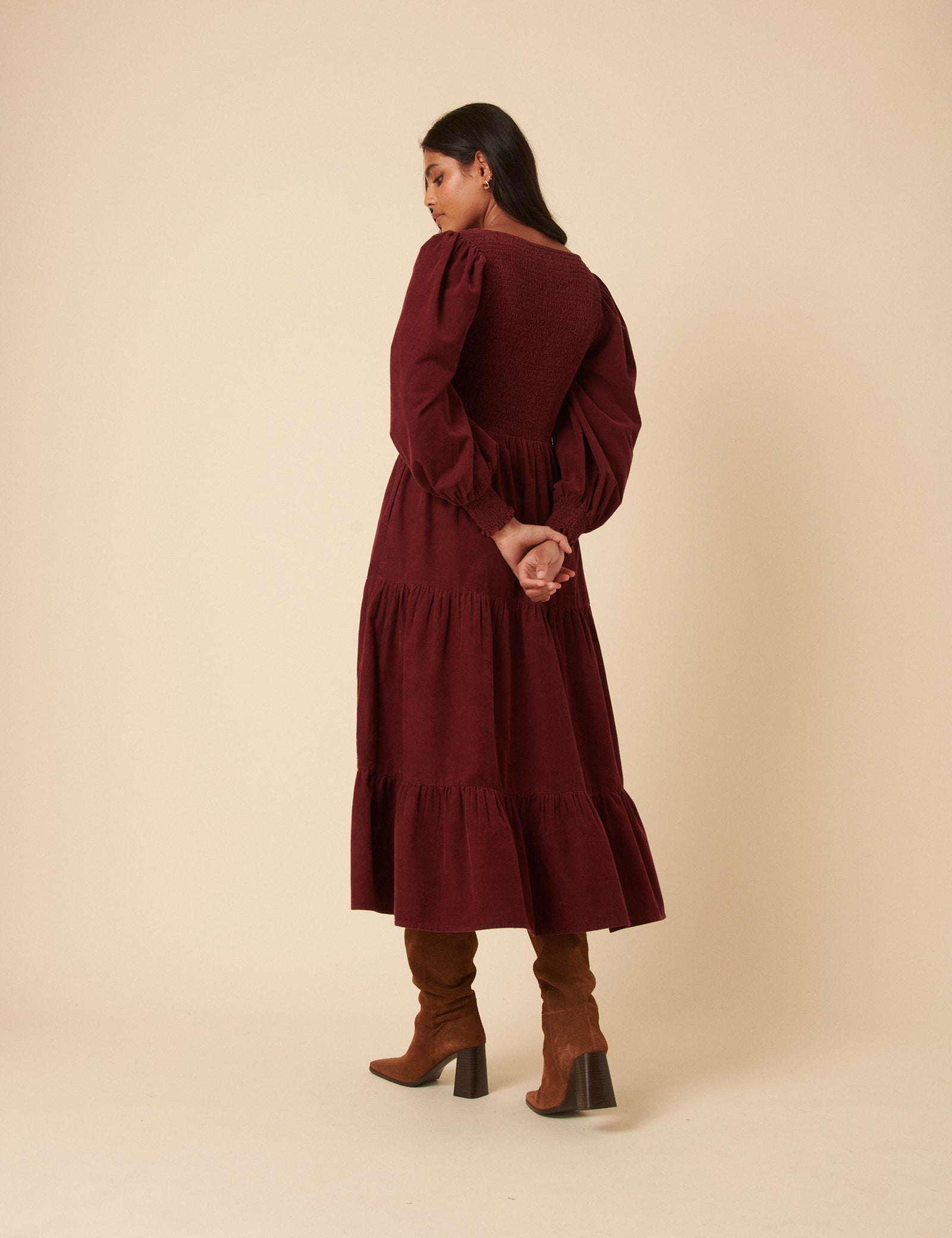 Burgundy Cord Tiered Ruby Midi Dress