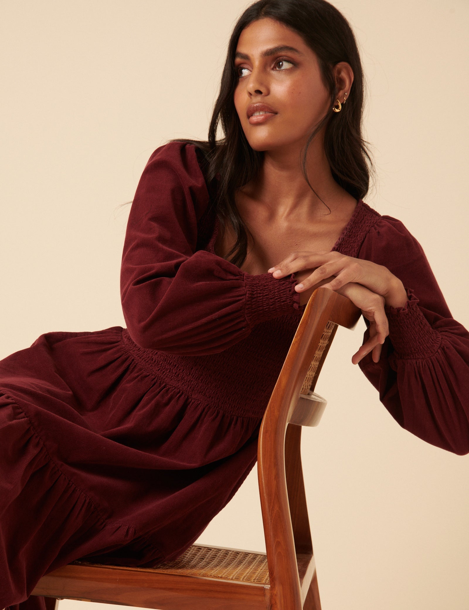 Burgundy Cord Tiered Ruby Midi Dress