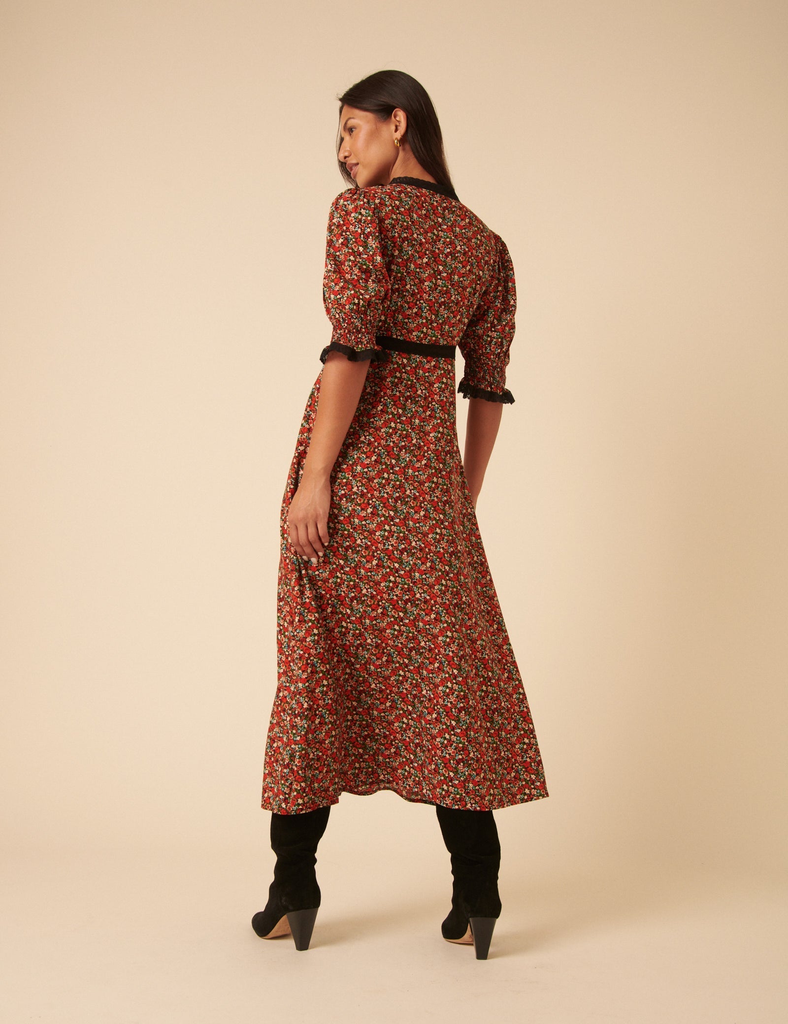 Red Ditsy Floral Sophia Midi Dress