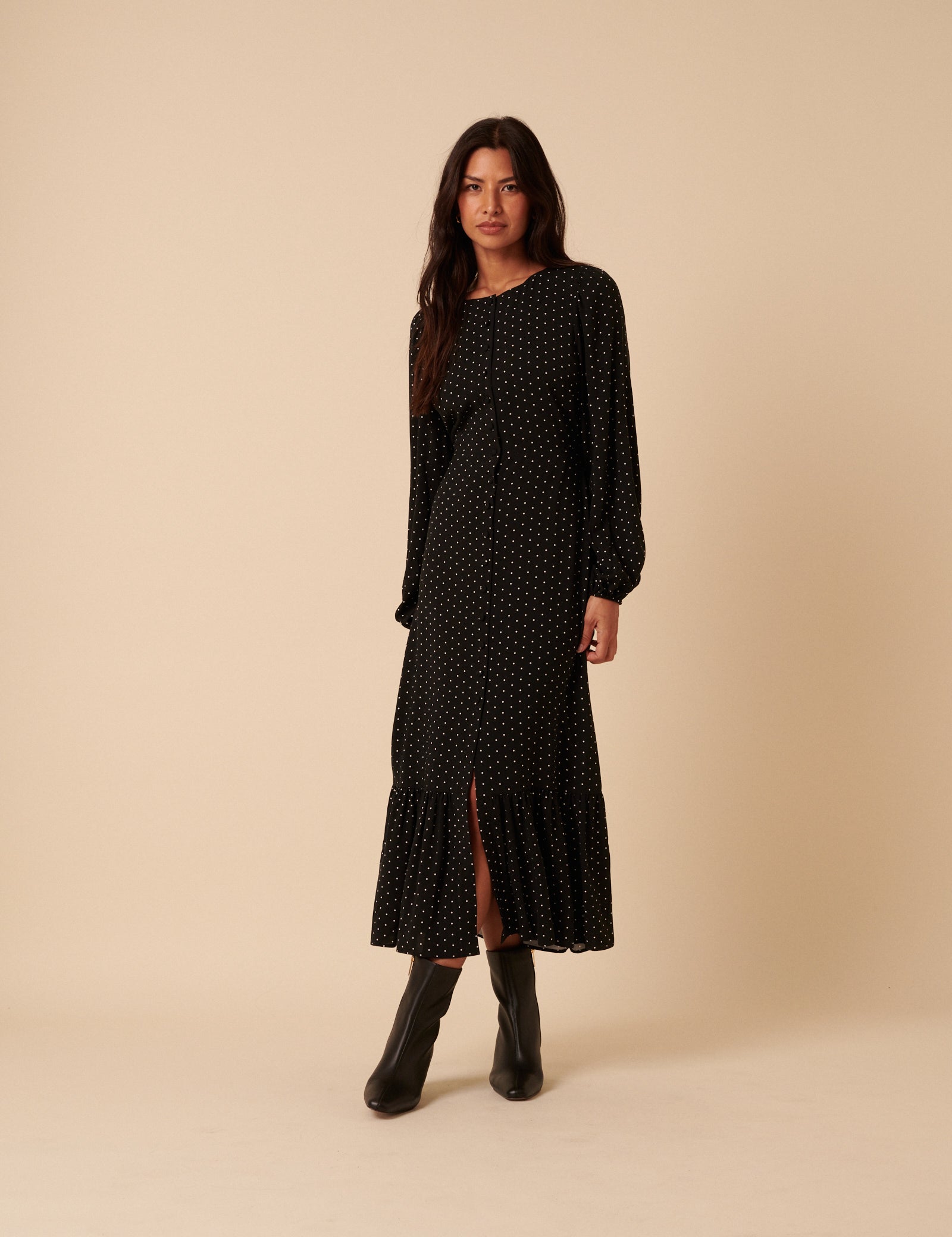 Black Polka Dot Balloon Sleeve Amara Midi Dress