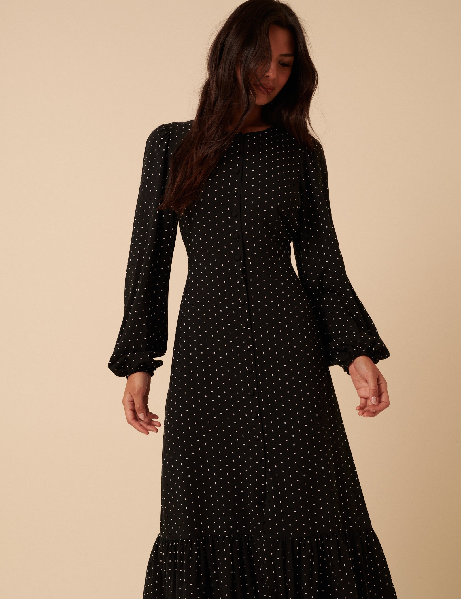 Black Polka Dot Balloon Sleeve Amara Midi Dress