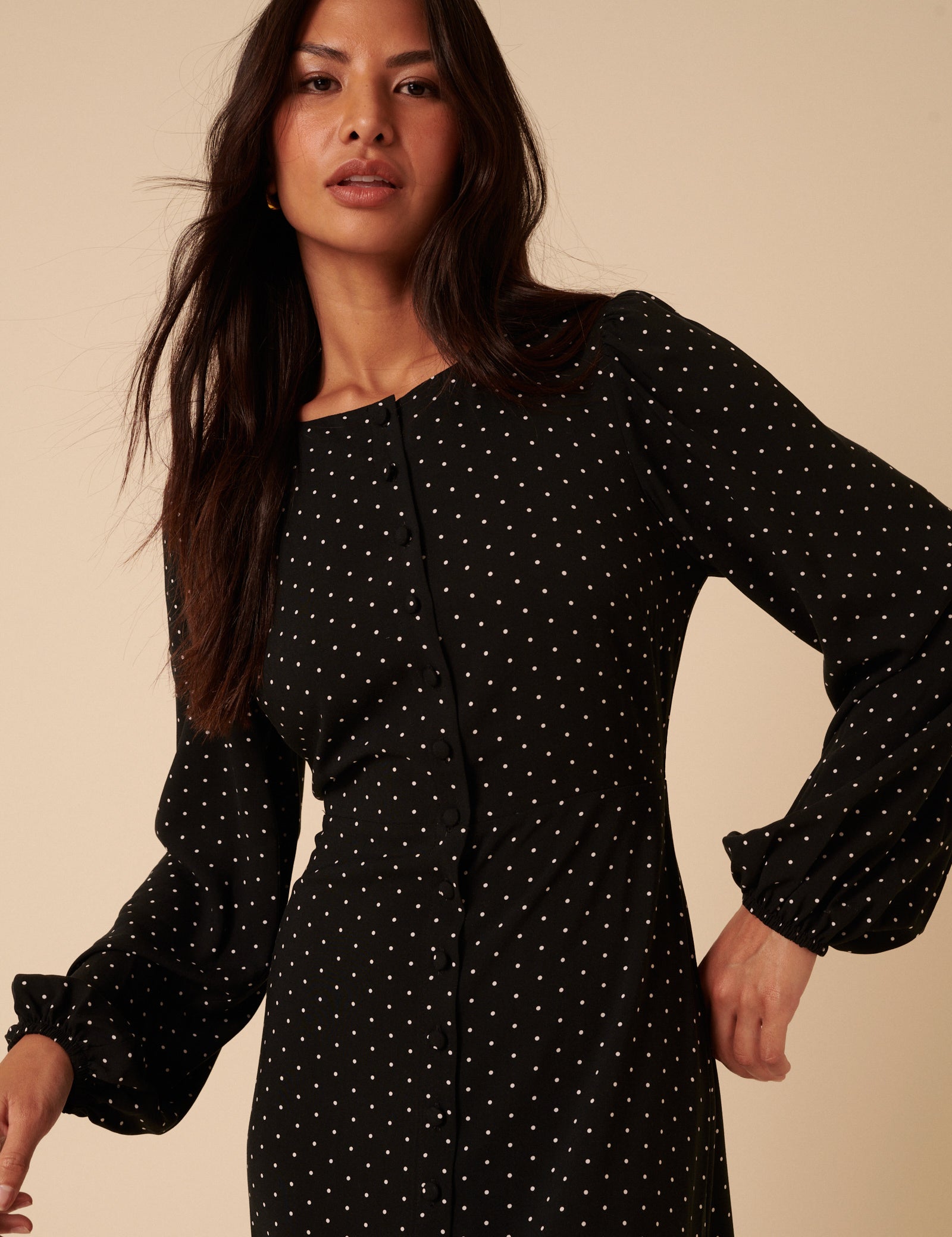 Black Polka Dot Balloon Sleeve Amara Midi Dress