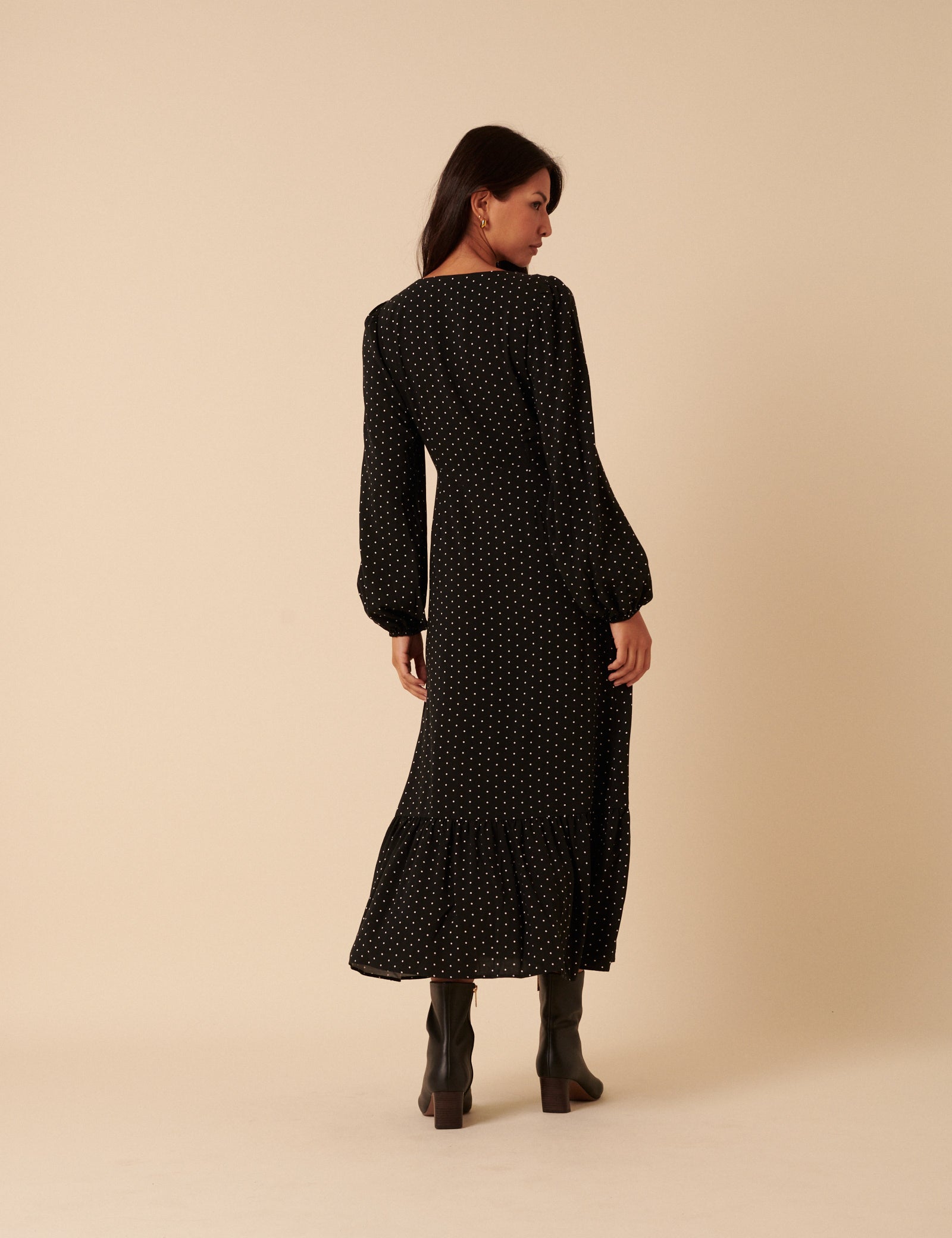 Black Polka Dot Balloon Sleeve Amara Midi Dress