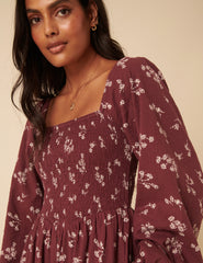 Burgundy Floral Printed Long sleeve Imogen Midi Dress