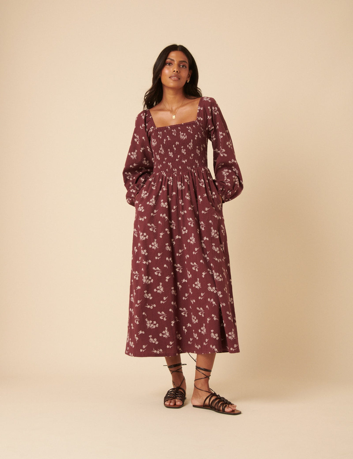 Burgundy Floral Printed Long sleeve Imogen Midi Dress