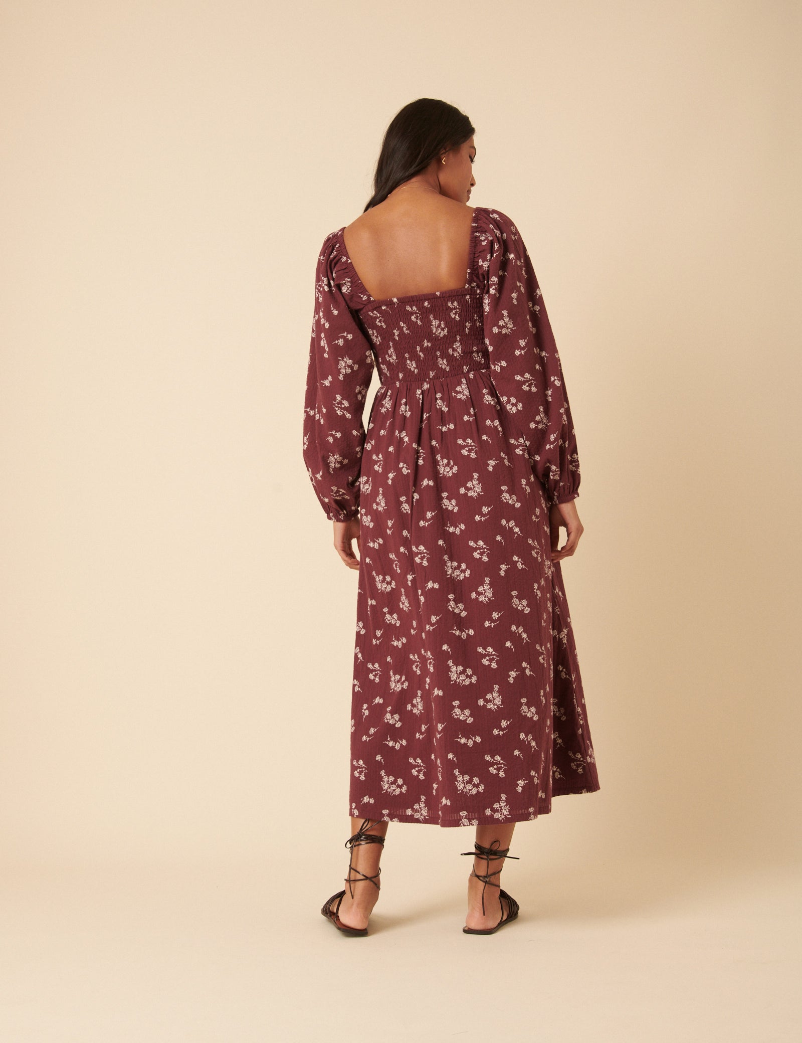 Burgundy Floral Printed Long sleeve Imogen Midi Dress