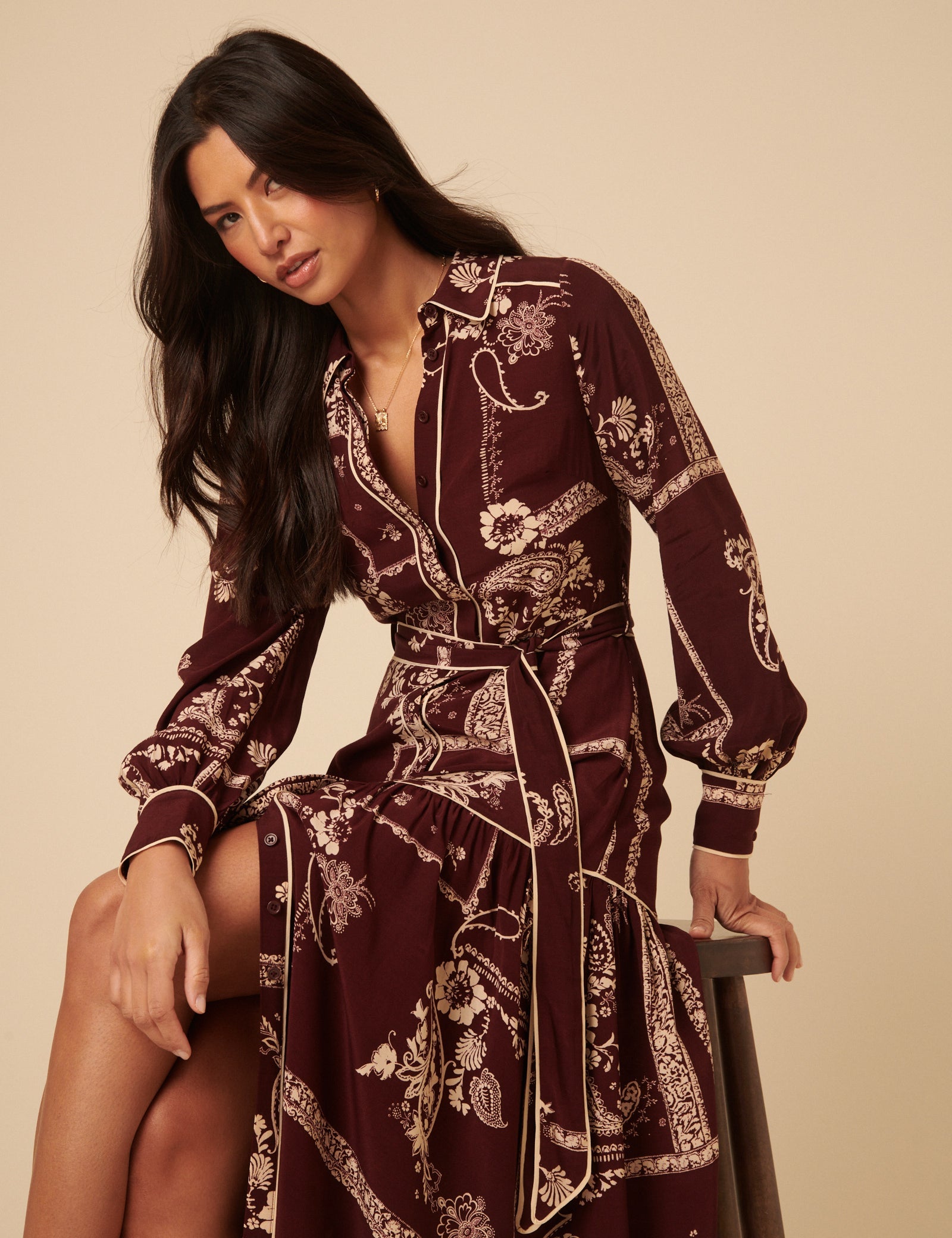 Burgundy Printed Brooklyn Midi Shirt Dress