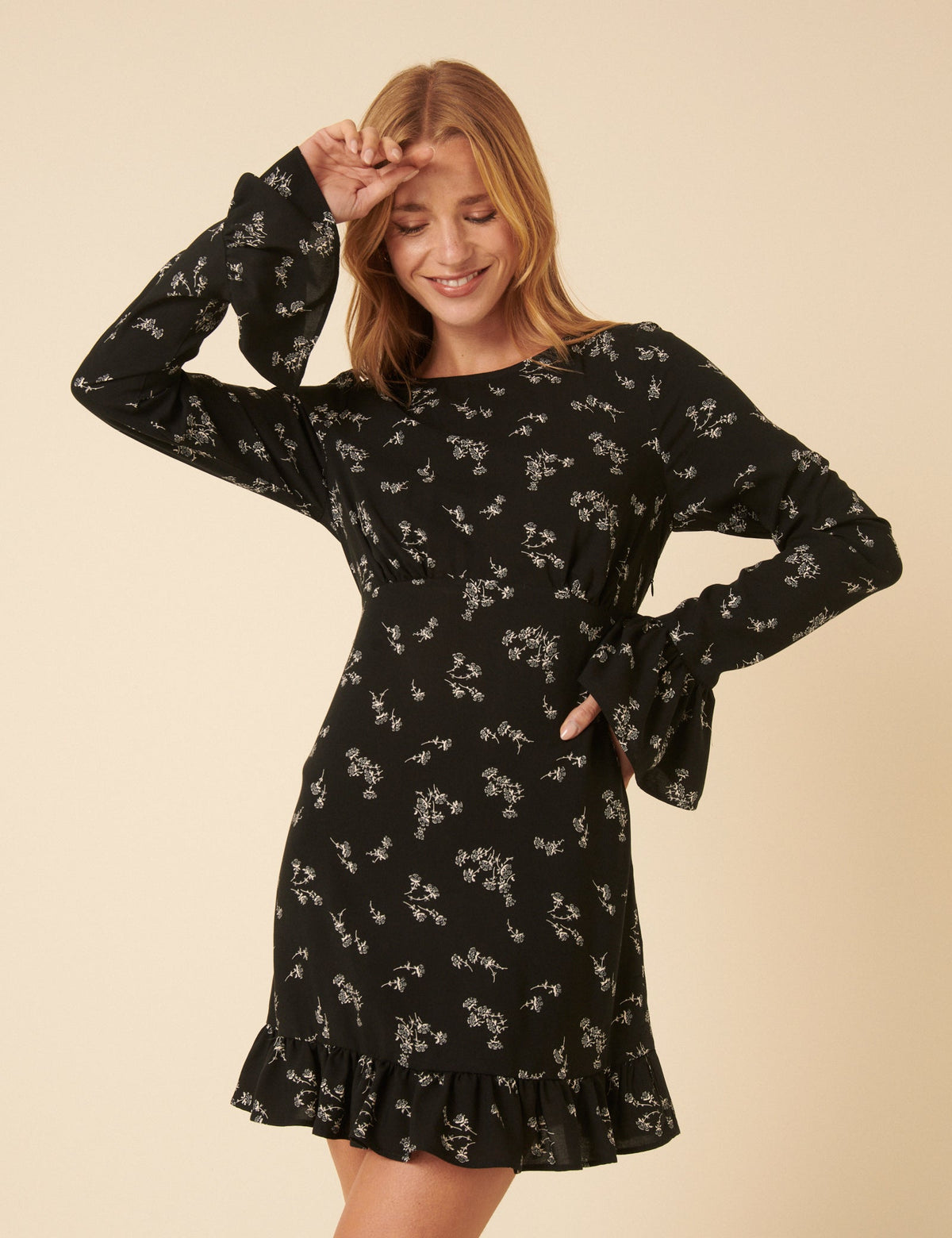 Black Floral Flute Sleeve Bella Mini Dress