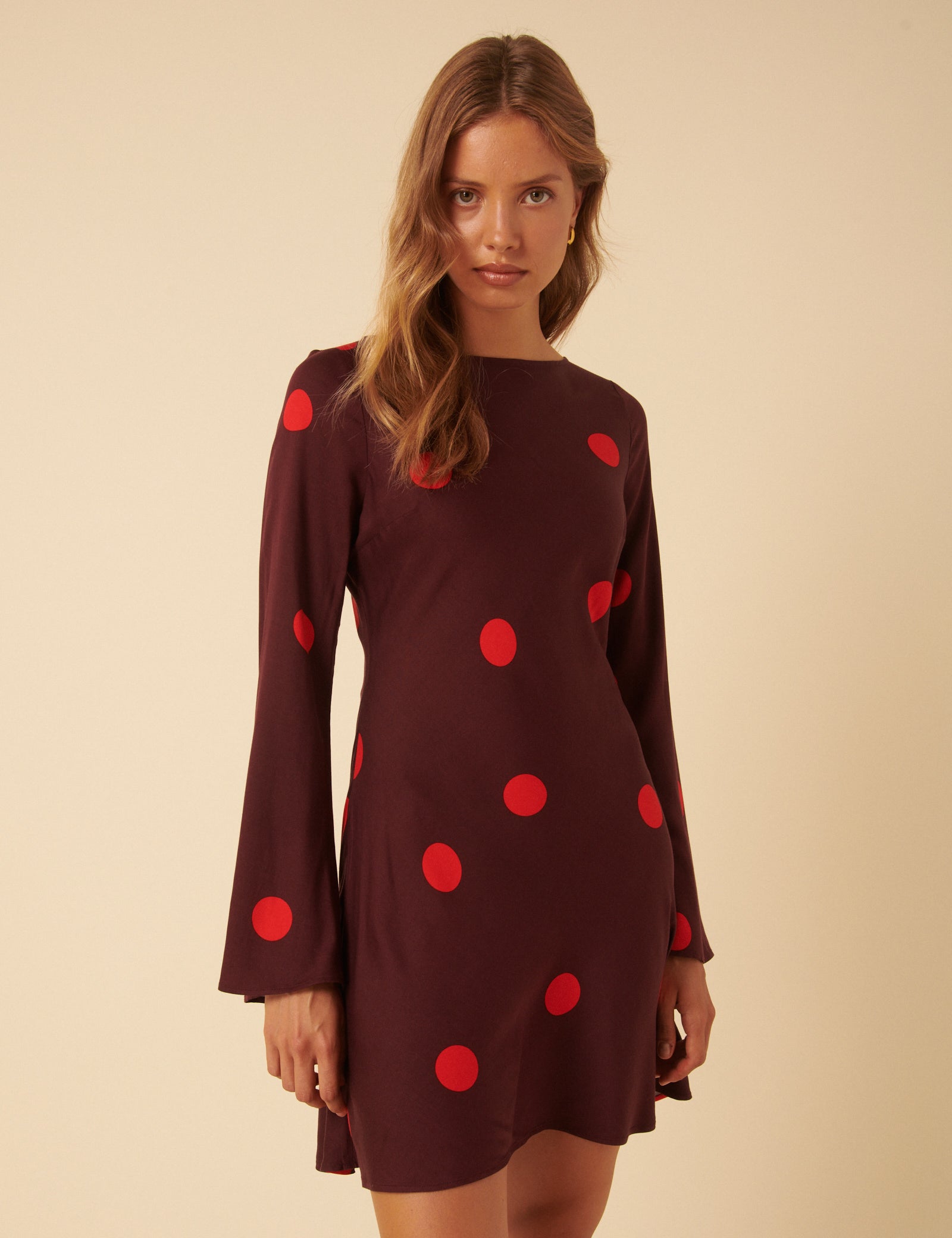 Burgundy Polka Dot Long Sleeve Romy Mini Dress