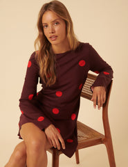 Burgundy Polka Dot Long Sleeve Romy Mini Dress