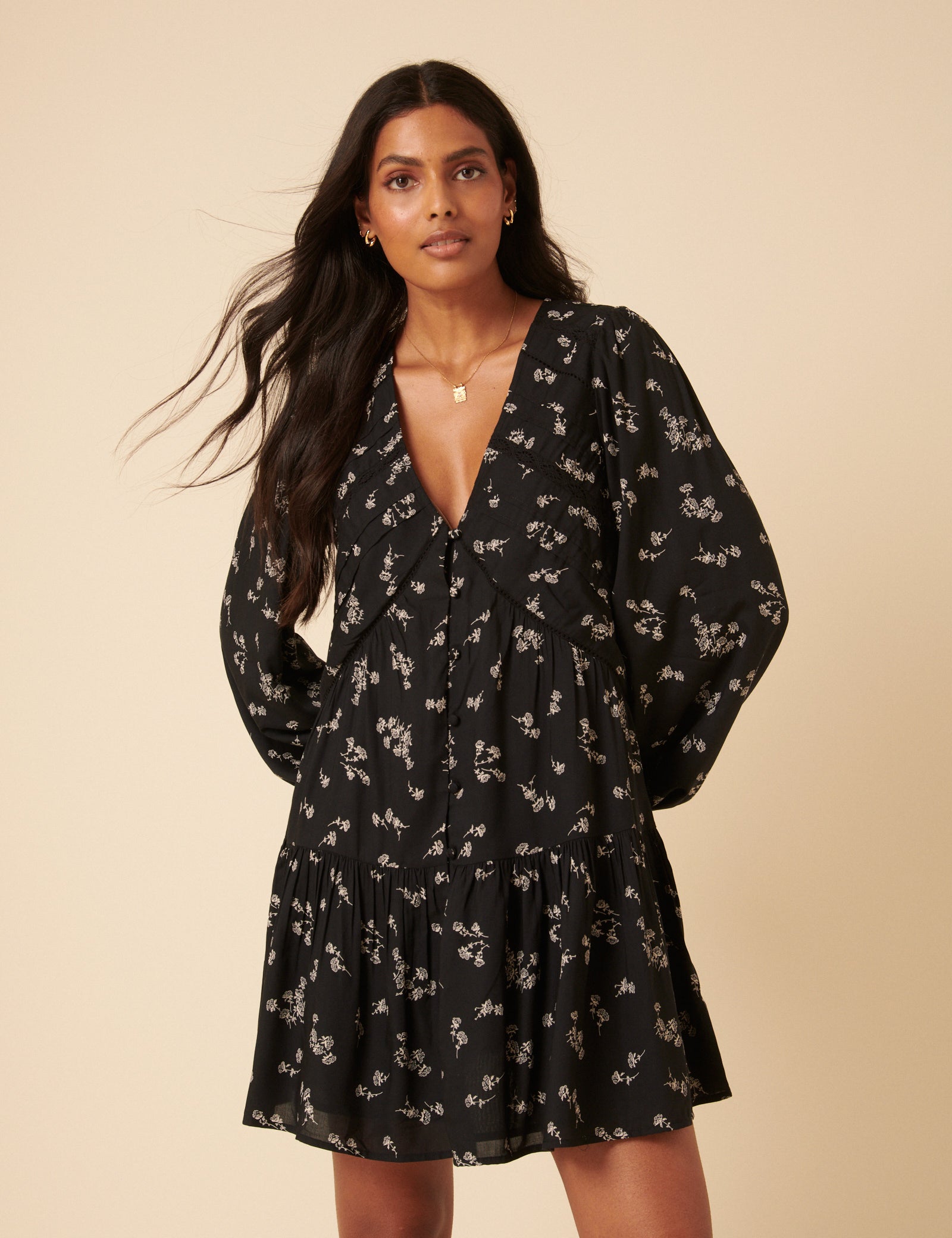 Black Printed Long Sleeve Marley Mini Dress