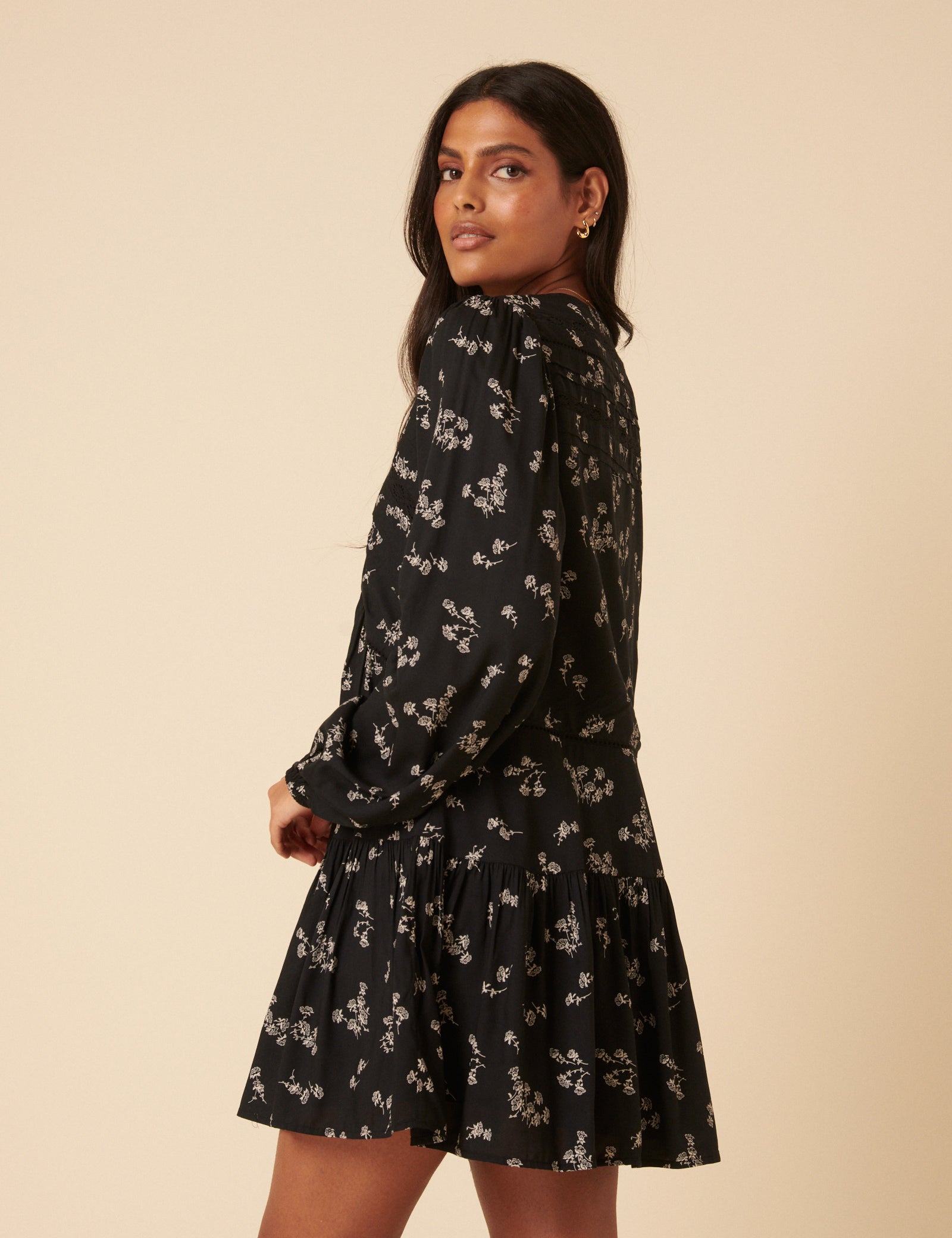 Black Printed Long Sleeve Marley Mini Dress