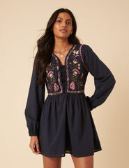 Navy Paisley Embroidered Monroe Mini Dress