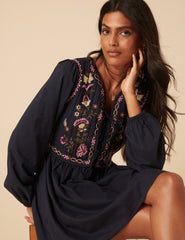 Navy Paisley Embroidered Monroe Mini Dress