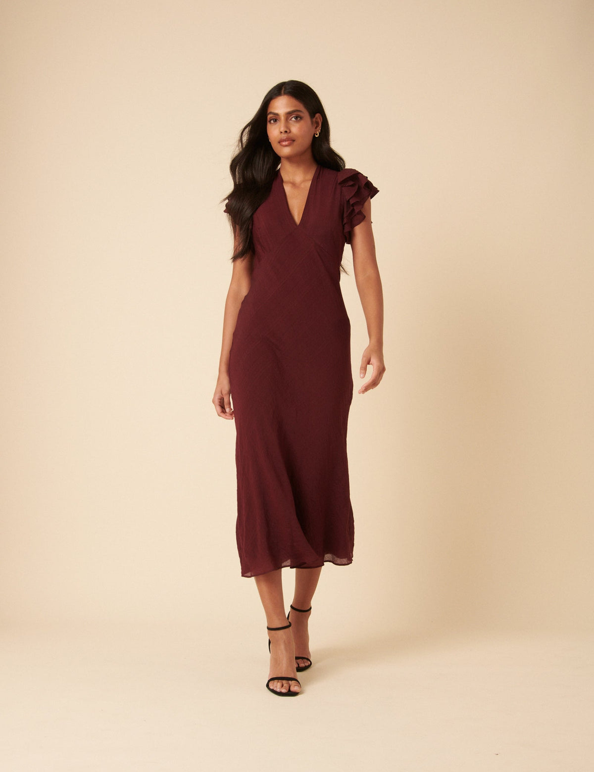 Burgundy Frill Sleeve Layla Midi Dress
