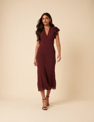 Burgundy Frill Sleeve Layla Midi Dress