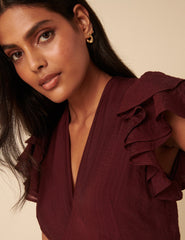 Burgundy Frill Sleeve Layla Midi Dress