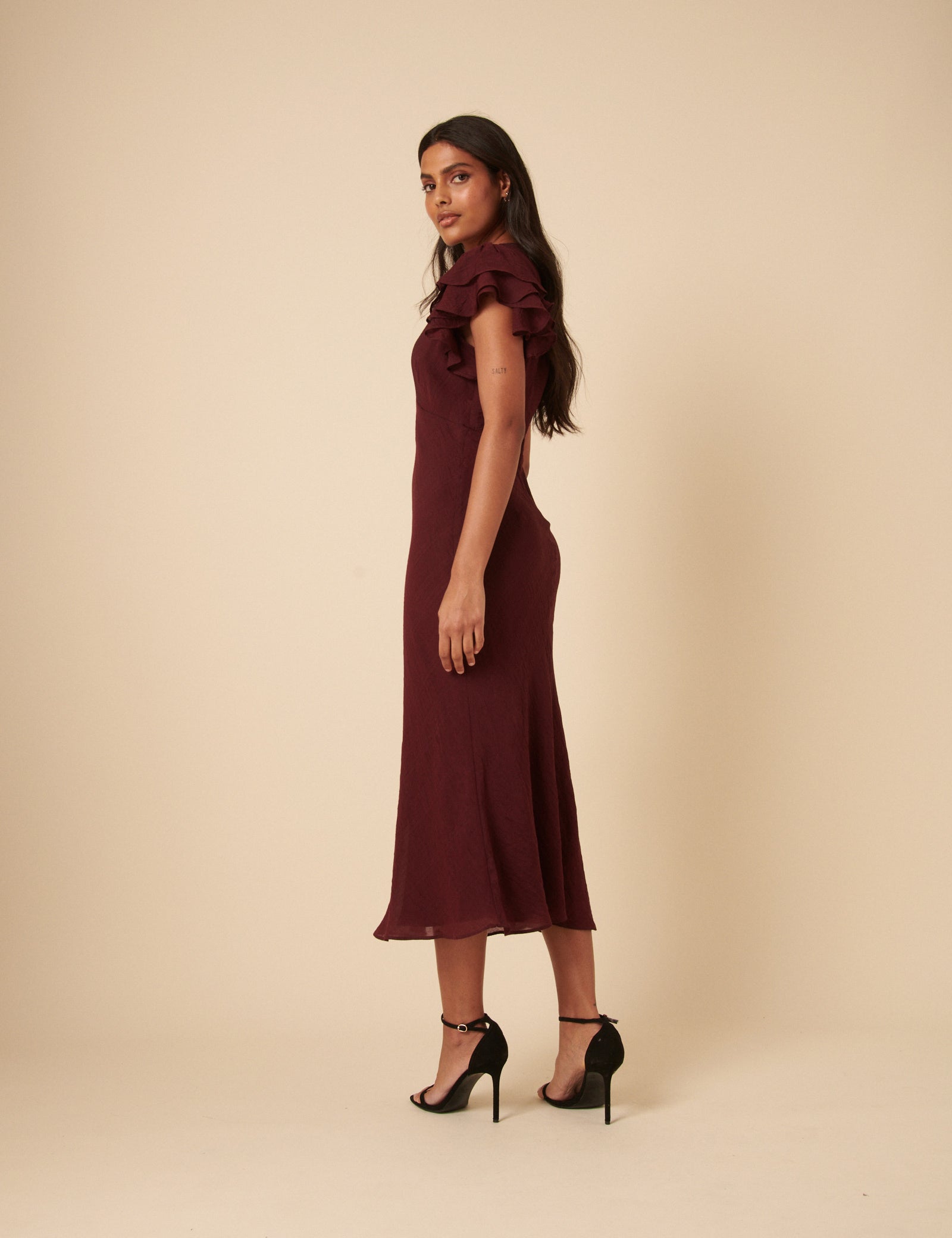 Burgundy Frill Sleeve Layla Midi Dress