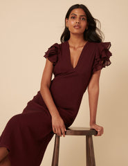 Burgundy Frill Sleeve Layla Midi Dress