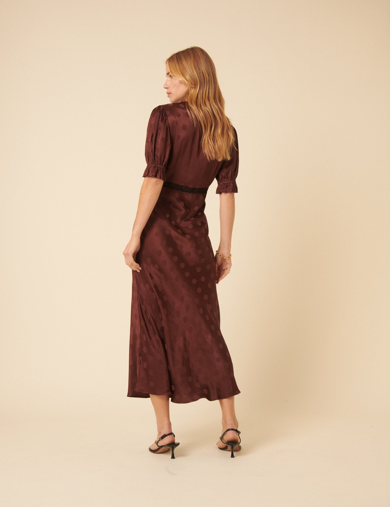 Brown Polka Dot Jacquard Angela Midi Dress