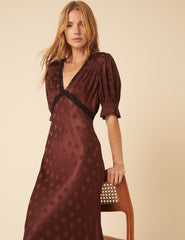 Brown Polka Dot Jacquard Angela Midi Dress