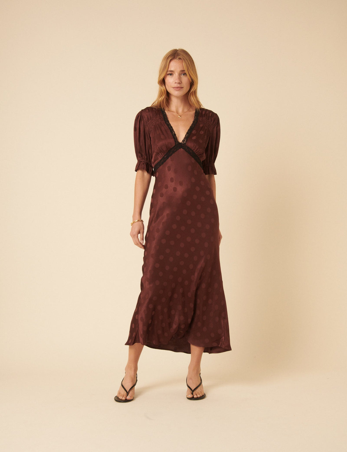 Brown Polka Dot Jacquard Angela Midi Dress