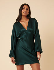 Green Satin Long Sleeve Mini Dress