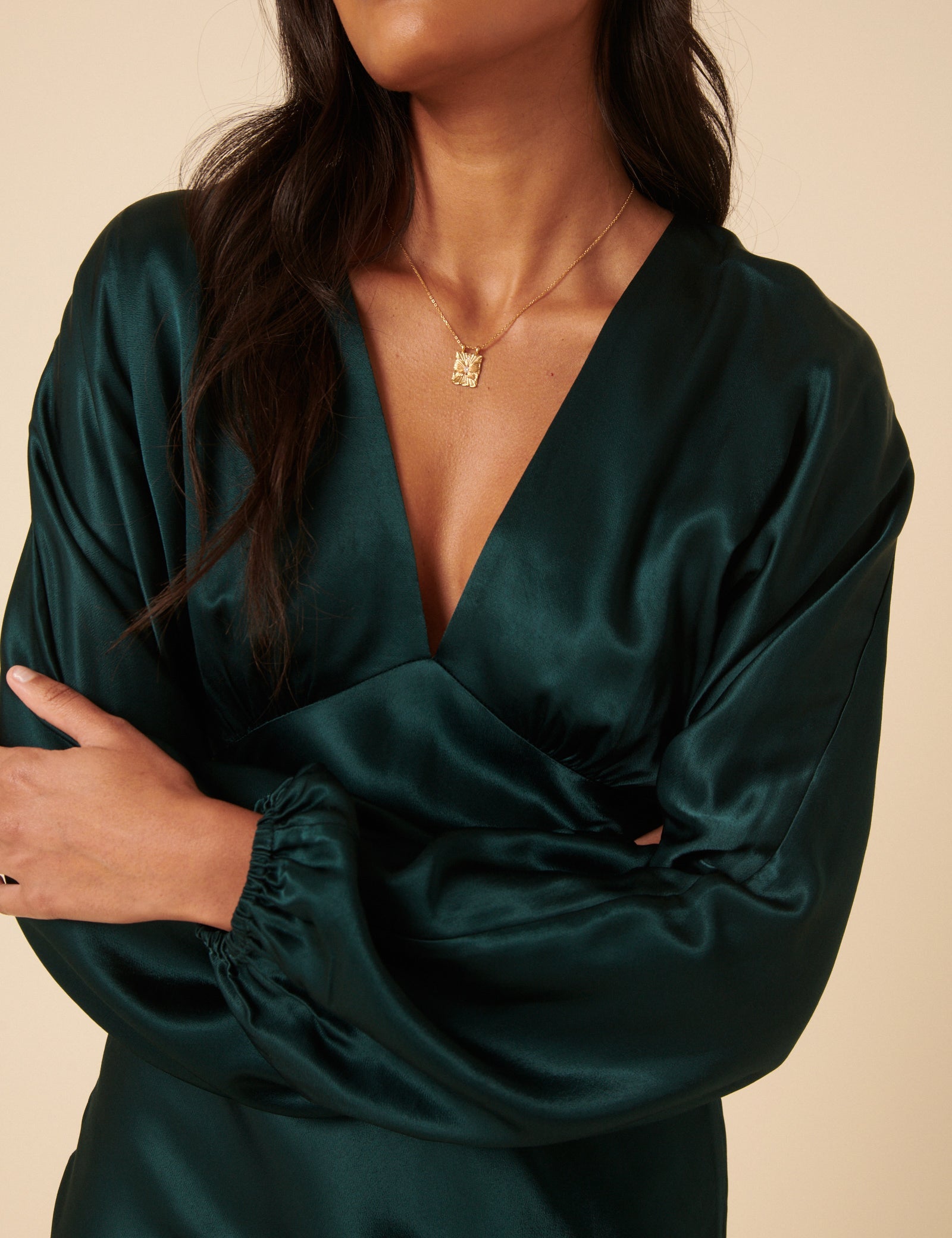 Green Satin Long Sleeve Mini Dress