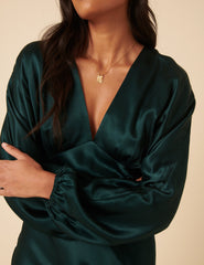Green Satin Long Sleeve Mini Dress