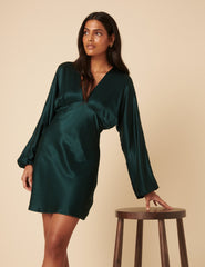 Green Satin Long Sleeve Mini Dress