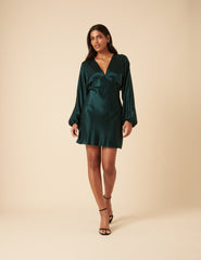 Green Satin Long Sleeve Mini Dress