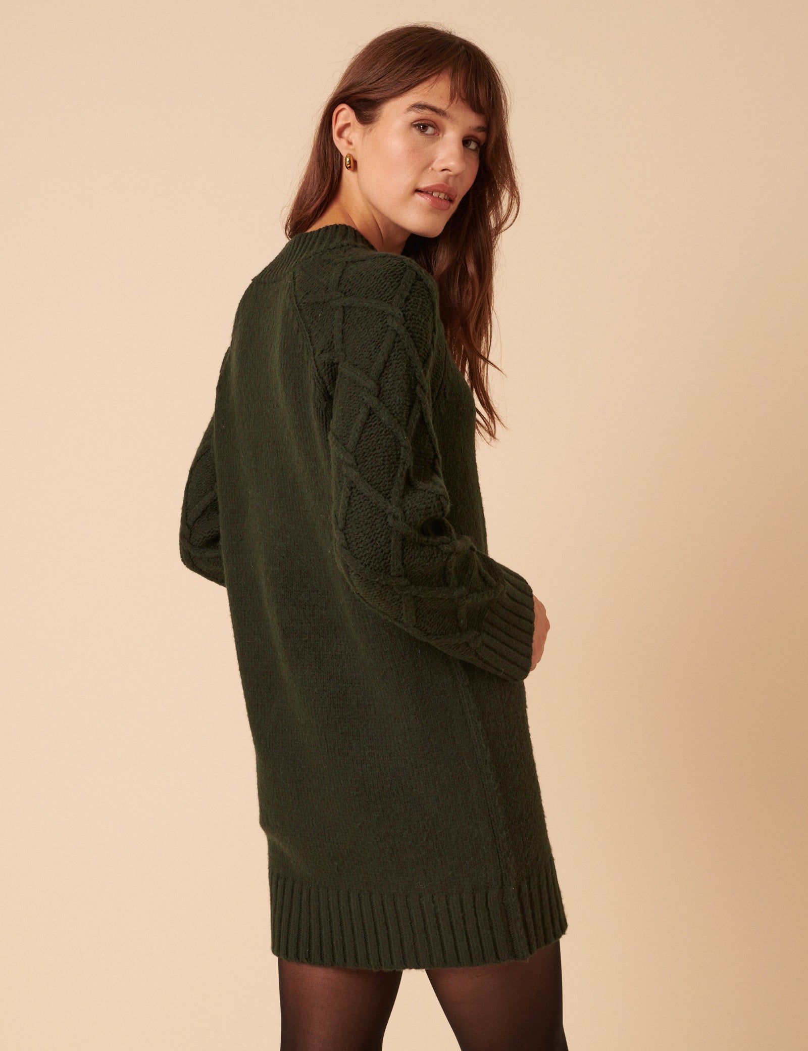 Khaki Cable Knit Jumper Mini Dress