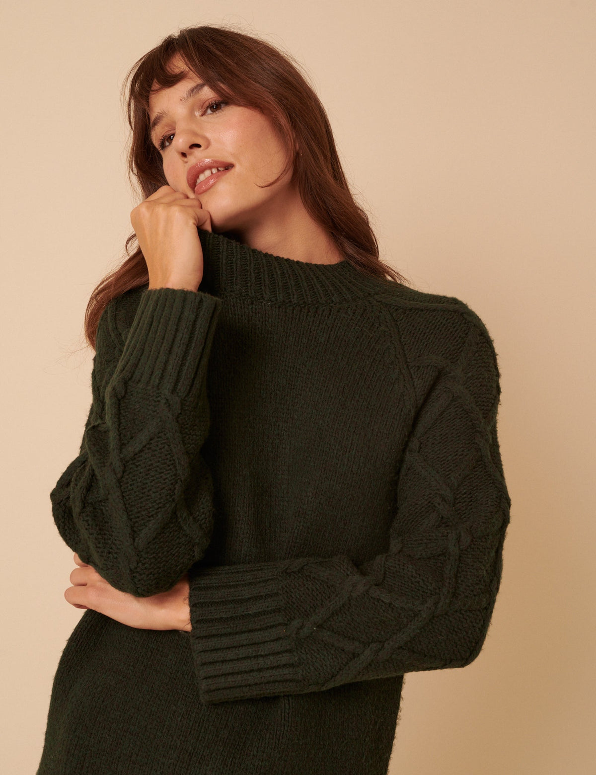 Khaki Cable Knit Jumper Mini Dress