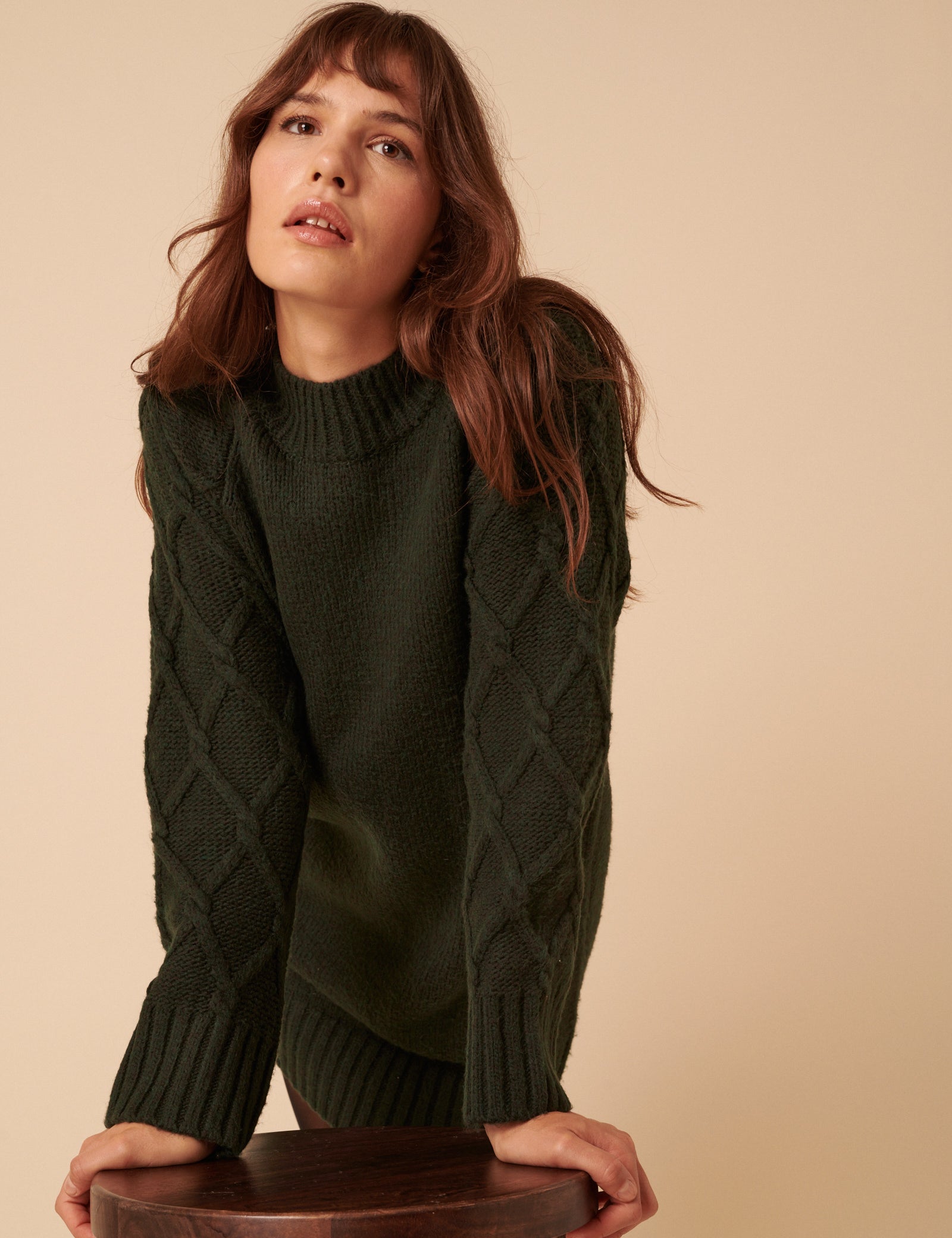 Khaki Cable Knit Jumper Mini Dress