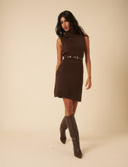 Brown Roll Neck Knitted Mini Dress