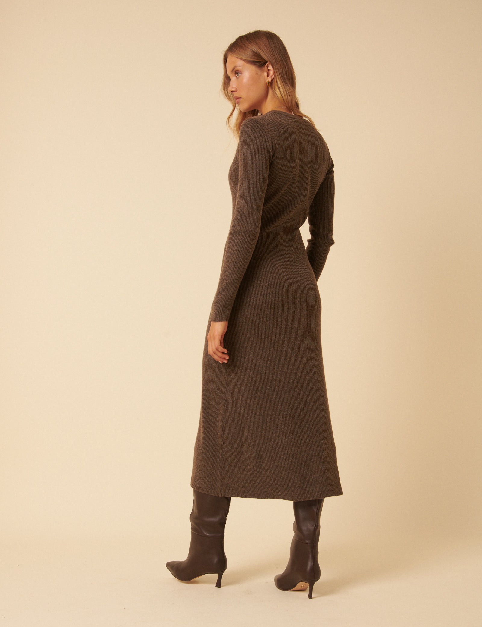 Brown Ribbed Knitted Midi Dress