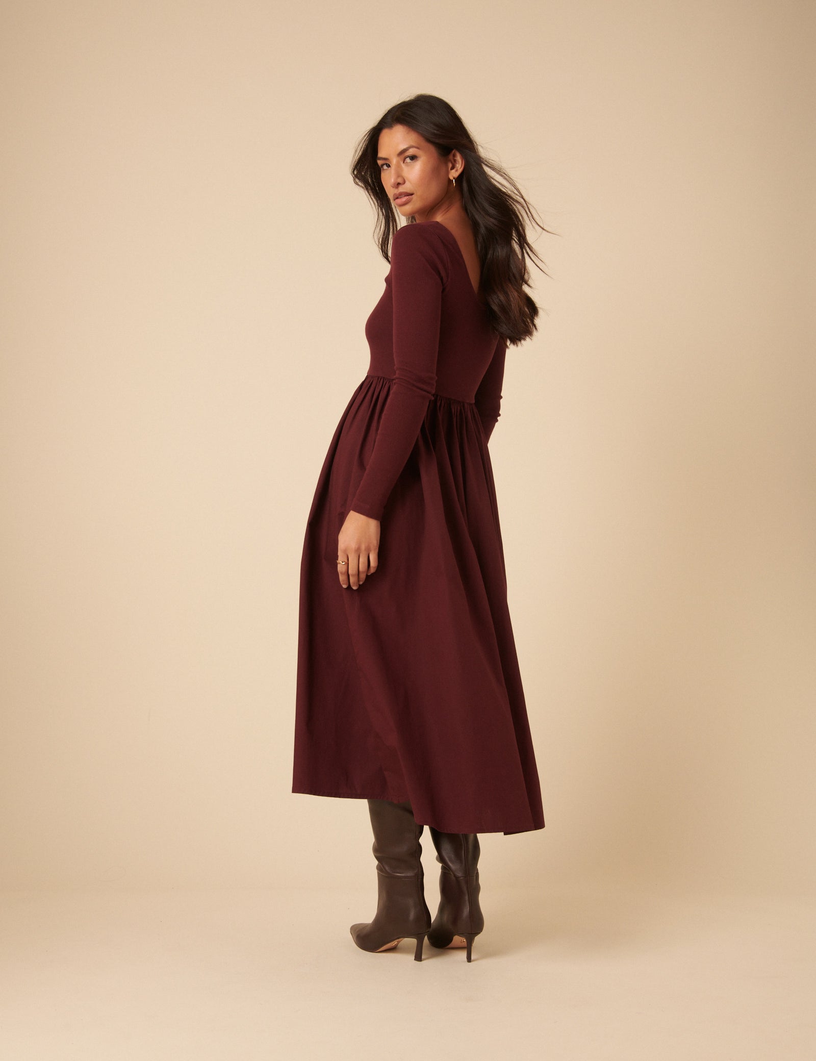 Burgundy Scoop Neck A-Line Midi Dress