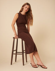Brown Mesh Ruched Midi Dress
