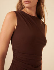 Brown Mesh Ruched Midi Dress