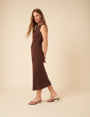 Brown Mesh Ruched Midi Dress