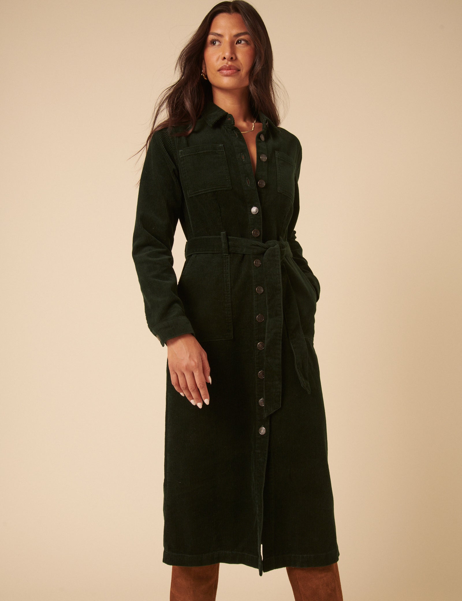Green Cord Finchley Midi Shirt Dress