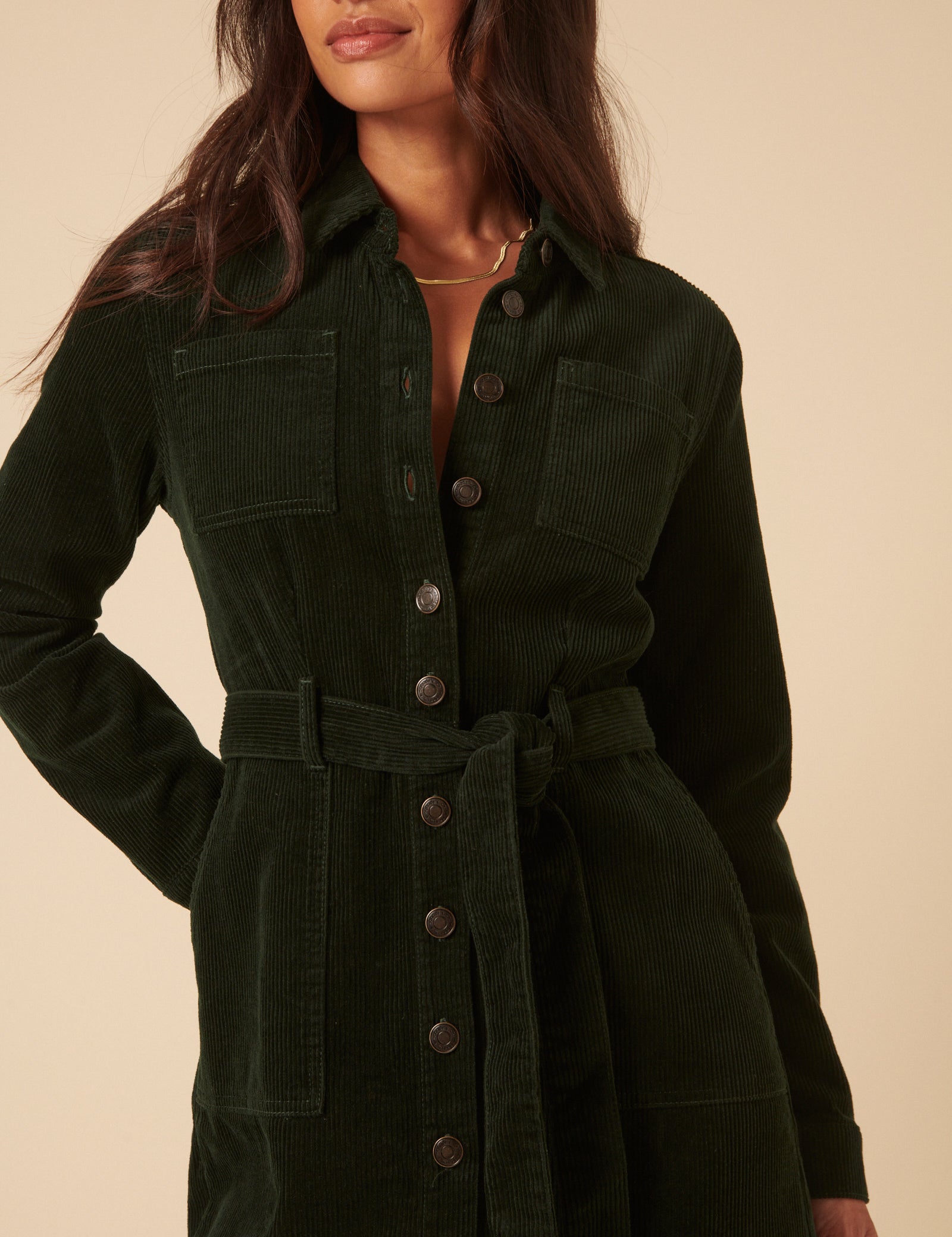 Green Cord Finchley Midi Shirt Dress
