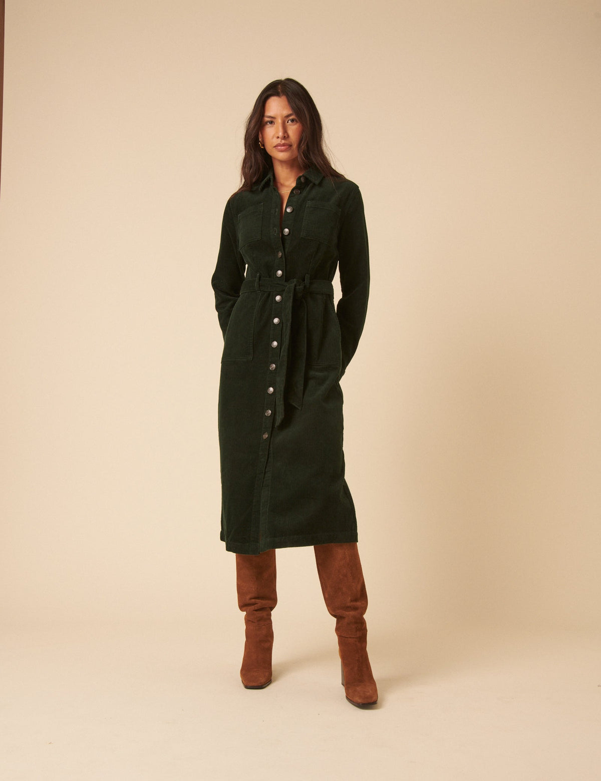 Green Cord Finchley Midi Shirt Dress
