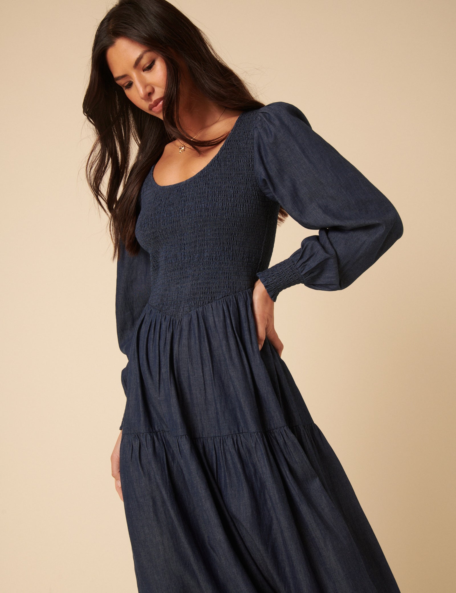 Dark Blue Denim Shirred Tiered Lilly Midi Dress